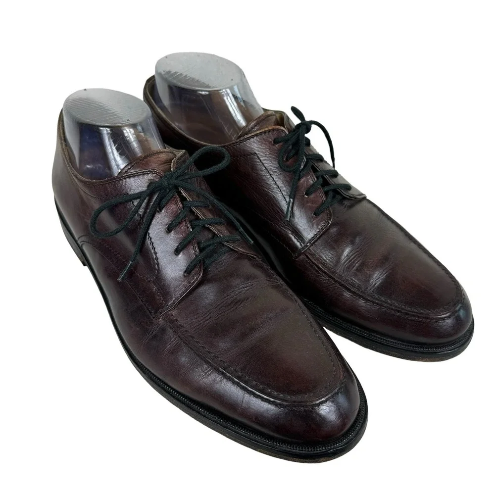Johnston & Murphy Brown Leather Lace Up Almond Toe Dress Shoes Made In Italy 10M